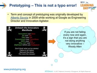 © 2017 National University of Singapore. All Rights Reserved#ISSlearn © 2017 National University of Singapore. All Rights Reserved
Pretotyping – This is not a typo error!
• Term and concept of pretotyping was originally developed by
Alberto Savoia in 2009 while working at Google as Engineering
Director and Innovation Agitator.
www.pretotyping.org
If you are not failing
every now and again,
it’s a sign that you are
not doing anything
very innovative –
Woody Allen
 
