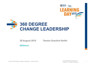 #ISSlearn
360 DEGREE
CHANGE LEADERSHIP
28 August 2015 Tamsin Greulich-Smith
1NUS-ISS 360 Degree Change Leadership T. Greulich-Smith
© 2015 National University of
Singapore. All Rights Reserved
 