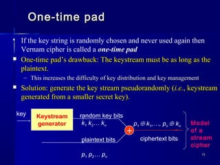 1313
One-time padOne-time pad
 If the key string is randomly chosen and never used again then
Vernam cipher is called a one-time pad
 One-time pad’s drawback: The keystream must be as long as theOne-time pad’s drawback: The keystream must be as long as the
plaintext.plaintext.
– This increases the difficulty of key distribution and key managementThis increases the difficulty of key distribution and key management
 Solution: generate the key stream pseudorandomly (Solution: generate the key stream pseudorandomly (i.e.i.e., keystream, keystream
generated from a smaller secret key).generated from a smaller secret key).
Keystream
generator
key random key bits
k1 k2… kn
plaintext bits
p1 p2… pn
+
p1 ⊕ k1,…, pn ⊕ kn
ciphertext bits
Model
of a
stream
cipher
 