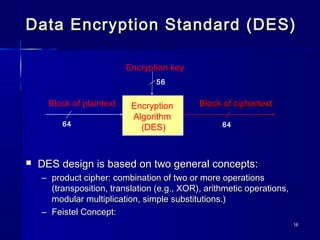 1616
Data Encryption Standard (DES)Data Encryption Standard (DES)
 DES design is based on two general concepts:DES design is based on two general concepts:
– product cipher: combination of two or more operationsproduct cipher: combination of two or more operations
(transposition, translation (e.g., XOR), arithmetic operations,(transposition, translation (e.g., XOR), arithmetic operations,
modular multiplication, simple substitutions.)modular multiplication, simple substitutions.)
– Feistel Concept:Feistel Concept:
Block of ciphertextBlock of ciphertextEncryption
Algorithm
(DES)
Encryption key
Block of plaintext
64
56
64
 