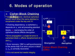 2626
6. Modes of operation6. Modes of operation
2.2. Cipher-Block ChainingCipher-Block Chaining
(CBC):(CBC):
E E
key
n
-1
n
Encryption decryption
+
key
c0=IV
+
Cipher-Block ChainingCipher-Block Chaining
(CBC)(CBC)
cj-1
xj
xj
cj
cj-1
 Identical plaintexts: identical ciphertext
blocks result when the same plaintext is
enciphered under the key and IV.
 Chaining dependency: a ciphertext cj
depends on xj and all preceding plaintext
blocks ⇒ rearranging the order of
ciphertext blocks affects decryption.
 Error propagation: a single bit error in
ciphertext block cj affects decipherment of cj
and cj+1.
 Error recovery: CBC is self-synchronizing
in the sense that if an error occurs in block
cj, cj+2 is correctly recovered.
 IV is not secret but needs integrity.
 