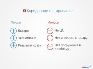 Коридорное тестирование
МинусыПлюсы
Быстро
Экономично
Результат сразу
Не ЦА
Нет интереса к товару
Нет погружения в
проблему
 