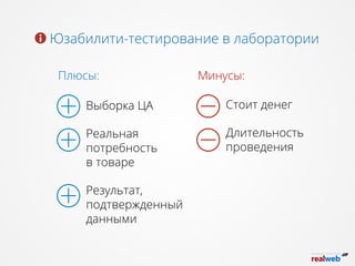 Юзабилити-тестирование в лаборатории
Минусы:Плюсы:
Выборка ЦА
Реальная
потребность
в товаре
Результат,
подтвержденный
данными
Стоит денег
Длительность
проведения
 