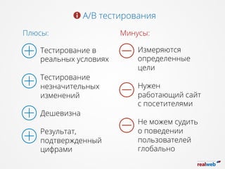 А/В тестирования
Минусы:Плюсы:
Тестирование в
реальных условиях
Тестирование
незначительных
изменений
Дешевизна
Результат,
подтвержденный
цифрами
Измеряются
определенные
цели
Нужен
работающий сайт
с посетителями
Не можем судить
о поведении
пользователей
глобально
 