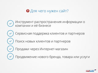 Инструмент распространения информации о
компании и её бизнесе
Сервисная поддержка клиентов и партнеров
Поиск новых клиентов и партнеров
Продажи через Интернет-магазин
Продвижение нового бренда, товара или услуги
Для чего нужен сайт?
 