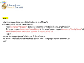 <div itemscope itemtype="http://schema.org/Movie">
<h1 itemprop="name">Avatar</h1>
<div itemprop="director" itemscope itemtype="http://schema.org/Person">
Director: <span itemprop="givenName"> James</span> <span itemprop="familyName">C
<meta itemprop="birthDate" content ="1954-08-16" />
</div>
<span itemprop="genre">Science fiction</span>
<a href="../movies/avatar-theatrical-trailer.html" itemprop="trailer">Trailer</a>
</div>
 