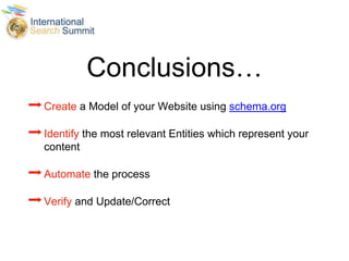 Conclusions…
➡Create a Model of your Website using schema.org
➡Identify the most relevant Entities which represent your
content
➡Automate the process
➡Verify and Update/Correct
 