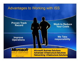 Advantages to Working with ISS


  Proven Track
     Record               Work to Reduce
                           Your Costs



   Improve                    We Take
  Operations               responsibility
 