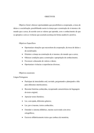 OBJETIVOS



       Objetivo Geral: oferecer oportunidades que possibilitem a cooperação, a troca de
ideias e a socialização, possibilitando assim à criança que a construção de si mesma e do
mundo que a cerca, de acordo com os valores que aprende, com o conhecimento de que
se apropria e com as vivências que acumula aconteça de forma saudável e positiva.



       Objetivos Específicos

              Oportunizar situações que necessitem da cooperação, da troca de ideias e
               da socialização;
              Orientar a criança na construção de si mesma e do mundo que a cerca;
              Oferecer condições para a construção e apropriação do conhecimento;
              Favorecer a discussão de valores e ideais;
              Oportunizar vivências e experiências diversas;



       Objetivos essenciais:

Língua Portuguesa

              Participar de intercâmbio oral, ouvindo, perguntando e planejando a fala
               para diferentes interlocutores;

              Recontar histórias conhecidas, recuperando características da linguagem
               do texto original;

              Apreciar textos literários;

              Ler, com ajuda, diferentes gêneros;

              Ler, por si mesmo, textos conhecidos;

              Entender o sistema alfabético, mesmo escrevendo com erros
               ortográficos;

              Escrever alfabeticamente textos que conhece de memória;
 
