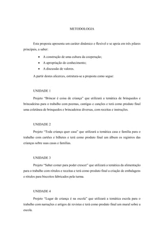 METODOLOGIA



          Esta proposta apresenta um caráter dinâmico e flexível e se apoia em três pilares
principais, a saber:

                A construção de uma cultura da cooperação;
                A apropriação do conhecimento;
                A discussão de valores.

          A partir destes alicerces, estrutura-se a proposta como segue:



          UNIDADE 1

          Projeto “Brincar é coisa de criança” que utilizará a temática de brinquedos e
brincadeiras para o trabalho com poemas, cantigas e canções e terá como produto final
uma coletânea de brinquedos e brincadeiras diversas, com receitas e instruções.



          UNIDADE 2

          Projeto “Toda criança quer casa” que utilizará a temática casa e família para o
trabalho com cartões e bilhetes e terá como produto final um álbum os registros das
crianças sobre suas casas e famílias.



          UNIDADE 3

          Projeto “Saber comer para poder crescer” que utilizará a temática da alimentação
para o trabalho com rótulos e receitas e terá como produto final a criação de embalagens
e rótulos para biscoitos fabricados pela turma.



          UNIDADE 4

          Projeto “Lugar de criança é na escola” que utilizará a temática escola para o
trabalho com narrações e artigos de revistas e terá como produto final um mural sobre a
escola.
 