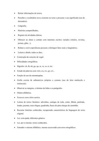     Retirar informações de textos;

    Perceber o vocabulário novo existente no texto e procurar o seu significado (uso do
     dicionário);

    Caligrafia;

    Histórias compartilhadas;

    Registro de atividades diárias;

    Oferecer ao aluno o contato com materiais escritos variados (rótulos, revistas,
     jornais, gibis...);

    Relatar e ouvir experiências pessoais e distinguir fatos reais e imaginários;

    Leitura e ditado, todos os dias;

   Construção do conceito de vogal.

   Dificuldades ortográficas.

   Dígrafos: ch, lh, nh, gu, qu, sc, xc, ss, rr, etc.

   Estudo de palavras com: m/n, c/ç, s/c, g/j, s/z...

   Função do uso de onomatopéias.

   Grafia correta de substantivos próprios e comuns (uso da letra maiúscula e
    minúscula).

   Observar as margens, o término da linha e os parágrafos.

   Ordem alfabética.

   Escrever com a letra cursiva.

   Leitura de textos literários: adivinhas, cantigas de roda, conto, fábula, parlenda,
    lendas, poemas, trava-língua, quadrinha, frases de pára-choque de caminhão.

   Recontar histórias conhecidas, recuperando características da linguagem do texto
    original.

   Ler, com ajuda, diferentes gêneros.

   Ler, por si mesmo, textos conhecidos.

   Entender o sistema alfabético, mesmo escrevendo com erros ortográficos.
 
