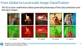 23
From Global to Local-scale Image Classiﬁcation
Campos, V., Jou, B., & Giro-i-Nieto, X. . From Pixels to Sentiment: Fine-tuning CNNs for Visual Sentiment Prediction.
Image and Vision Computing. (2017)
The FC to Conv redeﬁnition allows generating heatmaps of the class prediction over
the input images.
 