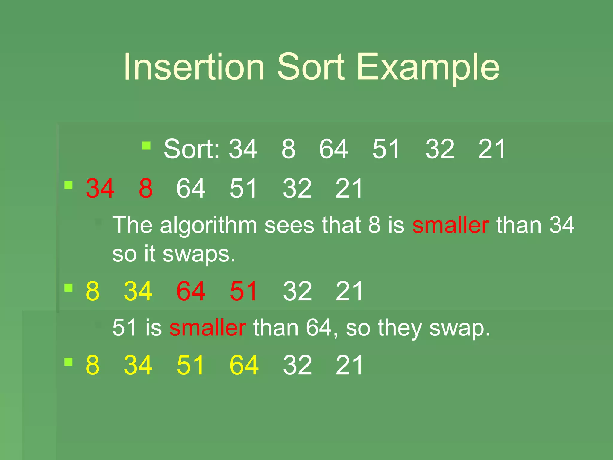 Insertion Sort Example

      Sort: 34 8 64 51 32 21
 34 8 64 51 32 21
  The algorithm sees that 8 is smaller than 34
   so it swaps.
 8 34 64 51 32 21
  51 is smaller than 64, so they swap.
 8 34 51 64 32 21
 