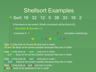 Shellsort Examples
      Sort: 18 32 12 5 38 33 16 2
        8 Numbers to be sorted, Shell’s increment will be floor(n/2)
         * floor(8/2)  floor(4) = 4

         increment 4: 1         2        3         4      (visualize underlining)

                          18 32 12 5 38 33 16            2

Step 1) Only look at 18 and 38 and sort in order ;
18 and 38 stays at its current position because they are in order.
Step 2) Only look at 32 and 33 and sort in order ;
32 and 33 stays at its current position because they are in order.
Step 3) Only look at 12 and 16 and sort in order ;
12 and 16 stays at its current position because they are in order.
Step 4) Only look at 5 and 2 and sort in order ;
2 and 5 need to be switched to be in order.
 