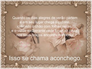 Quando os dias alegres de verão partem  e em seu lugar chega o outono,  cobrindo o chão com folhas secas,  e o verde exuberante cede lugar ao cinza,  nos seus braços encontro harmonia. Isso se chama aconchego. 