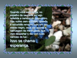 Quando você está longe, no
espelho da saudade eu vejo
refletida a certeza do reencontro.
Nas noites sem estrelas, quando
a escuridão envolve tudo em seu
manto negro, você me aponta a
carruagem da madrugada, que
vem despertar o dia com suas
carícias de luz...
Isso se chama
esperança.
 