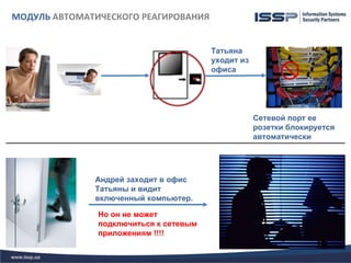 МОДУЛЬ АВТОМАТИЧЕСКОГО РЕАГИРОВАНИЯ


                                        Татьяна
                                        уходит из
                                        офиса




                                                    Сетевой порт ее
                                                    розетки блокируется
                                                    автоматически




              Андрей заходит в офис
              Татьяны и видит
              включенный компьютер.

               Но он не может
               подключиться к сетевым
               приложениям !!!!
 