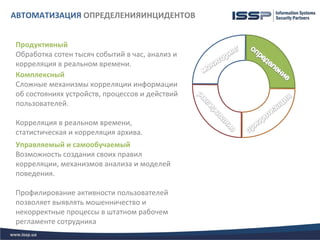 АВТОМАТИЗАЦИЯ ОПРЕДЕЛЕНИЯИНЦИДЕНТОВ


Продуктивный
Обработка сотен тысяч событий в час, анализ и
корреляция в реальном времени.
Комплексный
Сложные механизмы корреляции информации
об состояниях устройств, процессов и действий
пользователей.

Корреляция в реальном времени,
статистическая и корреляция архива.
Управляемый и самообучаемый
Возможность создания своих правил
корреляции, механизмов анализа и моделей
поведения.

Профилирование активности пользователей
позволяет выявлять мошенничество и
некорректные процессы в штатном рабочем
регламенте сотрудника
 
