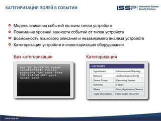 КАТЕГИРИЗАЦИЯ ПОЛЕЙ В СОБЫТИИ


    Модель описания событий по всем типам устройств
    Понимание уровней важности событий от типов устройств
    Возможность языкового описания и независимого анализа устройств
    Категоризация устройств и инвентаризация оборудования


     Без категоризации                  Категоризация
 