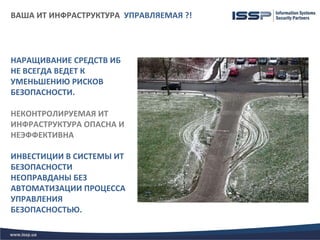 ВАША ИТ ИНФРАСТРУКТУРА УПРАВЛЯЕМАЯ ?!




НАРАЩИВАНИЕ СРЕДСТВ ИБ
НЕ ВСЕГДА ВЕДЕТ К
УМЕНЬШЕНИЮ РИСКОВ
БЕЗОПАСНОСТИ.

НЕКОНТРОЛИРУЕМАЯ ИТ
ИНФРАСТРУКТУРА ОПАСНА И
НЕЭФФЕКТИВНА

ИНВЕСТИЦИИ В СИСТЕМЫ ИТ
БЕЗОПАСНОСТИ
НЕОПРАВДАНЫ БЕЗ
АВТОМАТИЗАЦИИ ПРОЦЕССА
УПРАВЛЕНИЯ
БЕЗОПАСНОСТЬЮ.
 