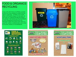 FOOD & ORGANICS
RECYCLING
In June of the 2012 Season, the Phillies extended
the Red Goes Green program to include food and
organics composting. As Phillies and Aramark
kitchen staff members prepare for each game, all
food scraps are composted through the program.
The material is then hauled away from the ballpark
by Waste Management and delivered to the
Wilmington Organic Recycling Center where it is
turned into valued, re-useable product such as feed
for livestock, fertilizer or soil amendments.
 