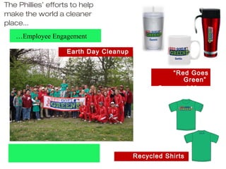 The Phillies’ efforts to help
make the world a cleaner
place...
     …Employee Engagement

                    Earth Day Cleanup


                                                   “Red Goes
                                                      Green”
                                               Cups and Mugs
eCycle Event




                                        Recycled Shirts
 