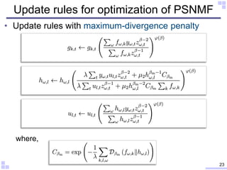 Update rules for optimization of PSNMF
• Update rules with maximum-divergence penalty
23
where,
 