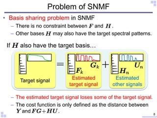 Problem of SNMF
• Basis sharing problem in SNMF
– There is no constraint between and .
– Other bases may also have the tar...
