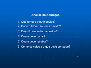 8 
Análise da Apuração 
1) Que torna o tributo devido? 
2) Onde o tributo se torna devido? 
3) Quando ele se torna devido? 
4) Quem deve pagar? 
5) Quem deve receber? 
6) Como se calcula o que deve ser pago? 
 