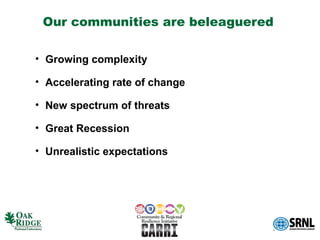 Our communities are beleaguered

• Growing complexity

• Accelerating rate of change

• New spectrum of threats

• Great Recession

• Unrealistic expectations
 