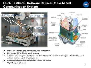 SCaN Testbed – Software Defined Radio-based
Communication System
4
Ka-band AntennaS-band Antenna
GPS Antenna
Gimbal
• SDRs...