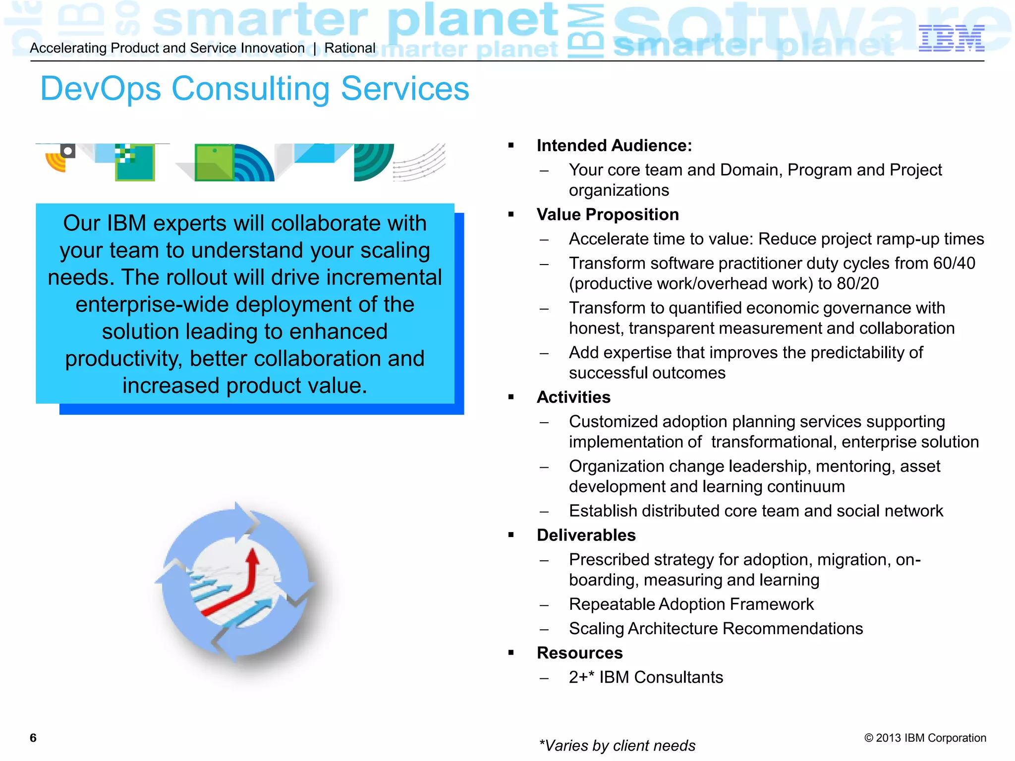© 2013 IBM Corporation
Accelerating Product and Service Innovation | Rational
66
DevOps Consulting Services
 Intended Audience:
 Your core team and Domain, Program and Project
organizations
 Value Proposition
 Accelerate time to value: Reduce project ramp-up times
 Transform software practitioner duty cycles from 60/40
(productive work/overhead work) to 80/20
 Transform to quantified economic governance with
honest, transparent measurement and collaboration
 Add expertise that improves the predictability of
successful outcomes
 Activities
 Customized adoption planning services supporting
implementation of transformational, enterprise solution
 Organization change leadership, mentoring, asset
development and learning continuum
 Establish distributed core team and social network
 Deliverables
 Prescribed strategy for adoption, migration, on-
boarding, measuring and learning
 Repeatable Adoption Framework
 Scaling Architecture Recommendations
 Resources
 2+* IBM Consultants
*Varies by client needs
Our IBM experts will collaborate with
your team to understand your scaling
needs. The rollout will drive incremental
enterprise-wide deployment of the
solution leading to enhanced
productivity, better collaboration and
increased product value.
 