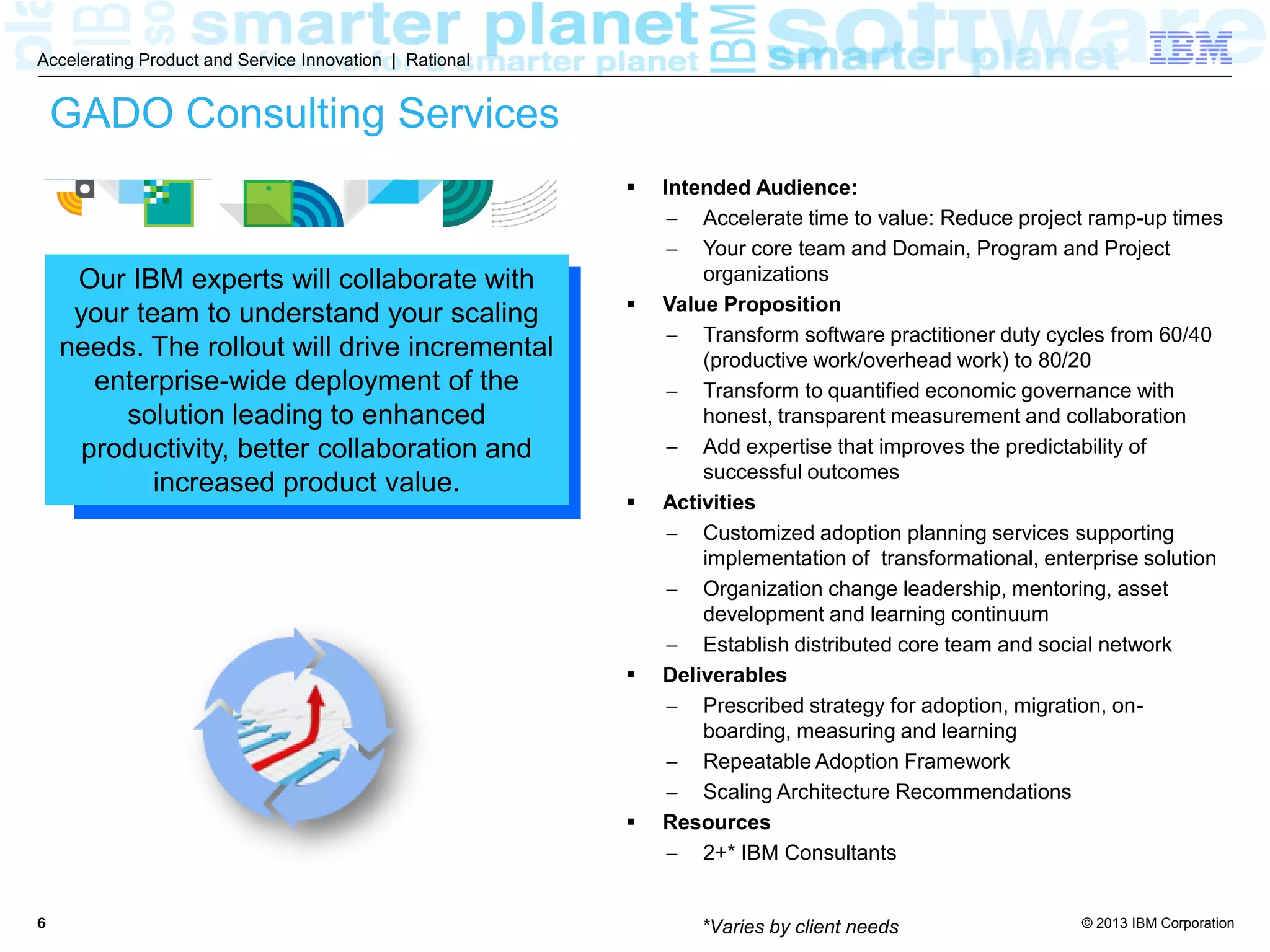 © 2013 IBM Corporation
Accelerating Product and Service Innovation | Rational
66
GADO Consulting Services
 Intended Audience:
 Accelerate time to value: Reduce project ramp-up times
 Your core team and Domain, Program and Project
organizations
 Value Proposition
 Transform software practitioner duty cycles from 60/40
(productive work/overhead work) to 80/20
 Transform to quantified economic governance with
honest, transparent measurement and collaboration
 Add expertise that improves the predictability of
successful outcomes
 Activities
 Customized adoption planning services supporting
implementation of transformational, enterprise solution
 Organization change leadership, mentoring, asset
development and learning continuum
 Establish distributed core team and social network
 Deliverables
 Prescribed strategy for adoption, migration, on-
boarding, measuring and learning
 Repeatable Adoption Framework
 Scaling Architecture Recommendations
 Resources
 2+* IBM Consultants
*Varies by client needs
Our IBM experts will collaborate with
your team to understand your scaling
needs. The rollout will drive incremental
enterprise-wide deployment of the
solution leading to enhanced
productivity, better collaboration and
increased product value.
 