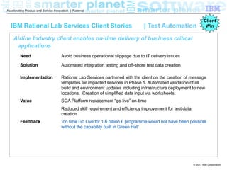 Accelerating Product and Service Innovation | Rational

IBM Rational Lab Services Client Stories

| Test Automation

Client
Win

Airline Industry client enables on-time delivery of business critical
applications
Need

Avoid business operational slippage due to IT delivery issues

Solution

Automated integration testing and off-shore test data creation

Implementation

Rational Lab Services partnered with the client on the creation of message
templates for impacted services in Phase 1. Automated validation of all
build and environment updates including infrastructure deployment to new
locations. Creation of simplified data input via worksheets.

Value

SOA Platform replacement “go-live” on-time
Reduced skill requirement and efficiency improvement for test data
creation

Feedback

”on time Go Live for 1.6 billion £ programme would not have been possible
without the capability built in Green Hat”

© 2013 IBM Corporation

 