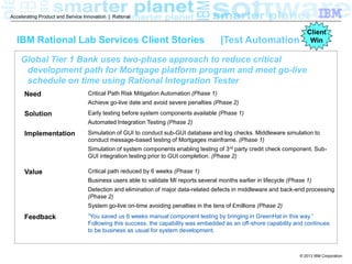 Accelerating Product and Service Innovation | Rational

IBM Rational Lab Services Client Stories

Client
Win

|Test Automation

Global Tier 1 Bank uses two-phase approach to reduce critical
development path for Mortgage platform program and meet go-live
schedule on time using Rational Integration Tester
Need

Critical Path Risk Mitigation Automation (Phase 1)
Achieve go-live date and avoid severe penalties (Phase 2)

Solution

Early testing before system components available (Phase 1)
Automated Integration Testing (Phase 2)

Implementation

Simulation of GUI to conduct sub-GUI database and log checks. Middleware simulation to
conduct message-based testing of Mortgages mainframe. (Phase 1)
Simulation of system components enabling testing of 3 rd party credit check component. SubGUI integration testing prior to GUI completion. (Phase 2)

Value

Critical path reduced by 6 weeks (Phase 1)
Business users able to validate MI reports several months earlier in lifecycle (Phase 1)
Detection and elimination of major data-related defects in middleware and back-end processing
(Phase 2)
System go-live on-time avoiding penalties in the tens of £millions (Phase 2)

Feedback

”You saved us 6 weeks manual component testing by bringing in GreenHat in this way.”
Following this success, the capability was embedded as an off-shore capability and continues
to be business as usual for system development.

© 2013 IBM Corporation

 