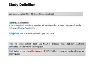 Study Definition
We run each algorithm 30 times for each subject
Performance	metrics:
#	Pareto	optimal	solutions:	 number	of	solutions	that	are	not	dominated	by	the	
reference	Pareto	frontier	Pref
%	hypervolume =	%	detected	faults	per	unit	time
RQ1: To what extent does SVD-NSGA-II produce near optimal solutions,
compared to alternative techniques??
RQ2: What is the cost-effectiveness of SVD-NSGA-II compared to the alternative
techniques?
 