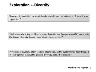 Exploration ←Diversity
“Progress in evolution depends fundamentally on the existence of variation of
population.”
“Unfortunately, a key problem in many Evolutionary Computation (EC) systems is
the loss of diversity through premature convergence. ”
McPhee and Hopper [2]
“This lack of diversity often leads to stagnation, as the system finds itself trapped
in local optima, lacking the genetic diversity needed to escape. ”
 