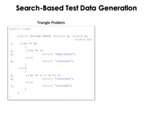 public class Triangle {
public String check (double a, double b,
double c){
if(a == b)
{
if(a == c)
return ‘equilater’;
else
return ‘isoscele’;
}
else
{
if(a == c || b == c)
return ‘isoscele’;
else
return ‘scalene’;
}
}
}
1.
2.
3.
4.
5.
6.
7.
Search-Based Test Data Generation
Triangle	Problem
 