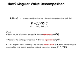How? Singular Value Decomposition
THEOREM:	Let P	be	a	mxn	matrix	with	rank	k.	There	are	three	matrix	U	Σ V		such	that
VUP nkkkkmnm ××××
⋅⋅= Σ
Where:
• U contains the left singular vectors of P.They are eigenvectors of (PT P).
• V contains the right singular vectors of P. They are eigenvectors of (P PT ) .
• Σ is a diagonal matrix containing the non-zero singular values of P (found on the diagonal
entries of Σ) are the square roots of the non-zero eigenvalues of both (PT P) (P PT).
 