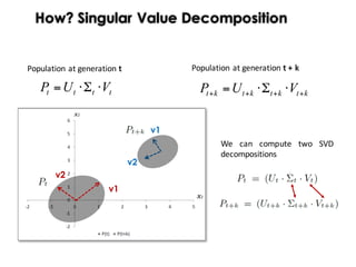 Population	at	generation	t
We can compute two SVD
decompositions
tttt VUP ⋅Σ⋅=
Population	at	generation	t	+	k
ktktktkt VUP ++++ ⋅Σ⋅=
v2
v1
v1
v2
How? Singular Value Decomposition
 