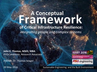 1	
A	Conceptual	
John	E.	Thomas,	MSEE,	MBA	
PhD	Candidate,	Research	Associate	
	
Advisor,	Dr.	Thomas	Seager	
	
20	May	2016	 Sustainable	Engineering		and	the	Built	Environment	
Framework		of	Cri>cal	Infrastructure	Resilience:		
integra(ng	people	and	complex	systems	
 