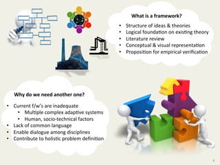 6	
What	is	a	framework?		
•  Structure	of	ideas	&	theories	
•  Logical	foundaYon	on	exisYng	theory	
•  Literature	review	
...