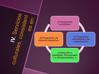 a) Programas
culturales;
b) Programas
educativos y de
capacitación;
c) Atención a
jubilados, Pensionado
s y discapacitados, y
d) Programas de
fomento deportivo.