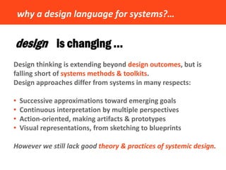 why a design language for systems?… 
design is changing … 
Design thinking is extending beyond design outcomes, but is fal...
