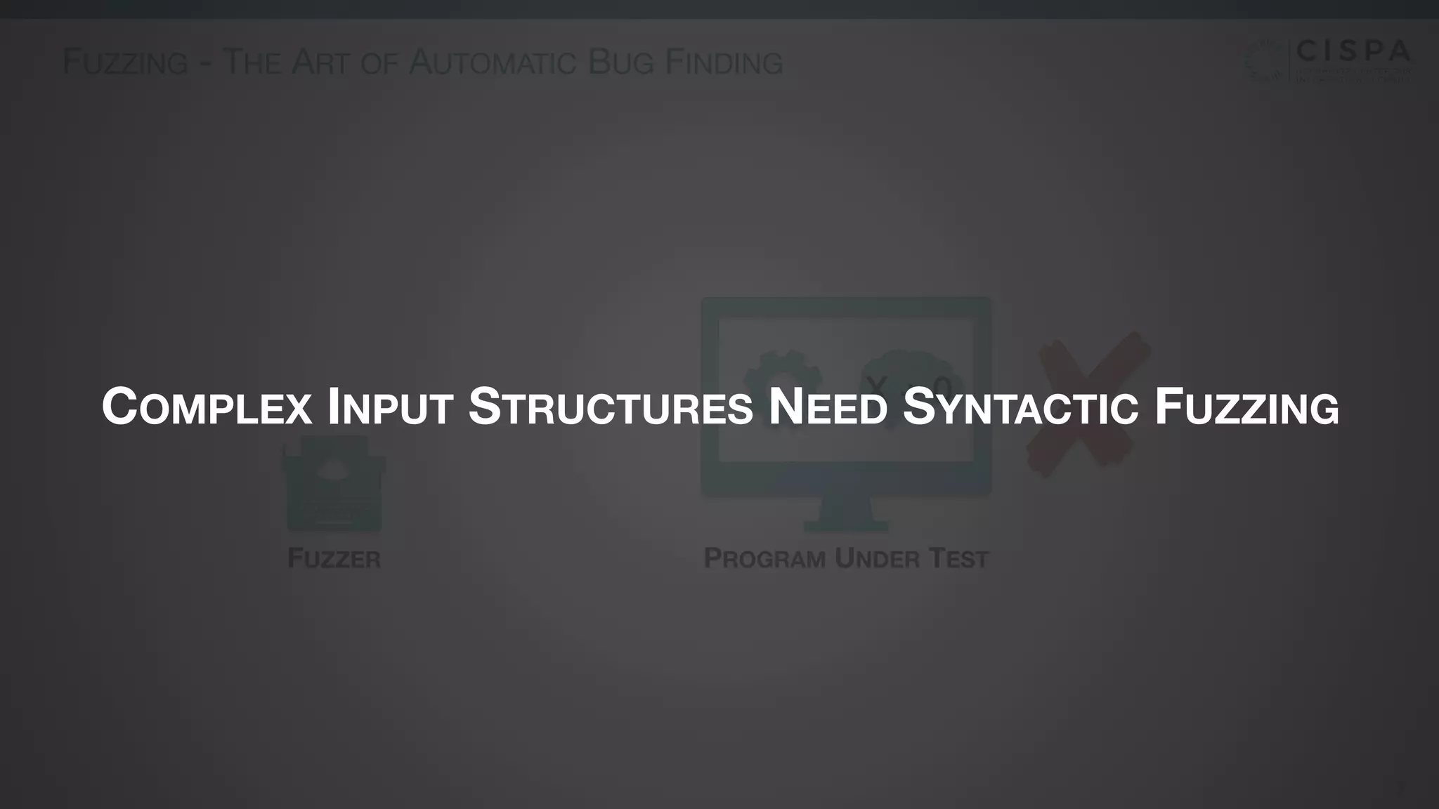 PROGRAM UNDER TEST
FUZZING - THE ART OF AUTOMATIC BUG FINDING
3
FUZZER
X + 0
COMPLEX INPUT STRUCTURES NEED SYNTACTIC FUZZING
 