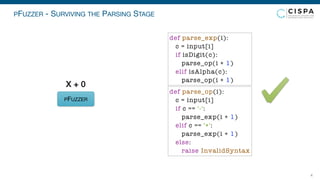PFUZZER - SURVIVING THE PARSING STAGE
4
PFUZZER
X + 0
def parse_exp(i):
c = input[i]
if isDigit(c):
parse_op(i + 1)
elif isAlpha(c):
parse_op(i + 1)
def parse_op(i):
c = input[i]
if c == '-':
parse_exp(i + 1)
elif c == '+':
parse_exp(i + 1)
else:
raise InvalidSyntax
 