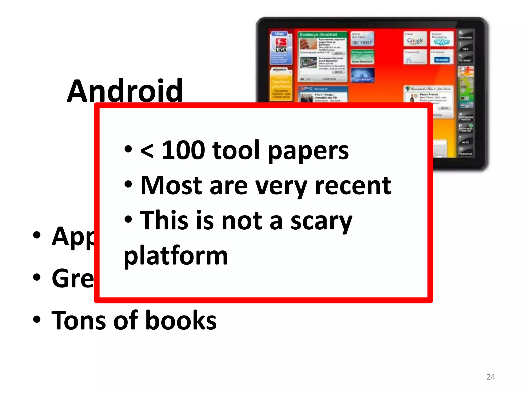  Many open problems“Motes” based on a variety of MCUsCost $50 – $200Good simulators existThere are a few books21