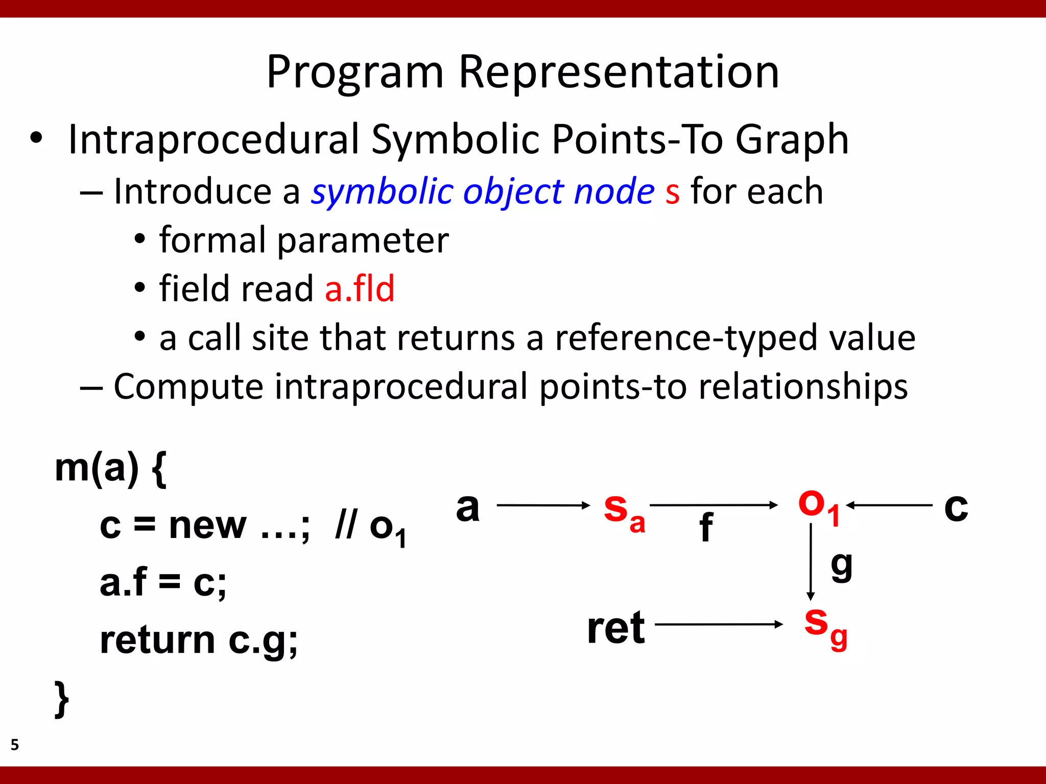 Program Representation
    • Intraprocedural Symbolic Points-To Graph
      – Introduce a symbolic object node s for each
         • formal parameter
         • field read a.fld
         • a call site that returns a reference-typed value
      – Compute intraprocedural points-to relationships

     m(a) {
       c = new …; // o1      a         sa          o1         c
                                             f
                                                     g
       a.f = c;
       return c.g;                    ret          sg
     }
5
 