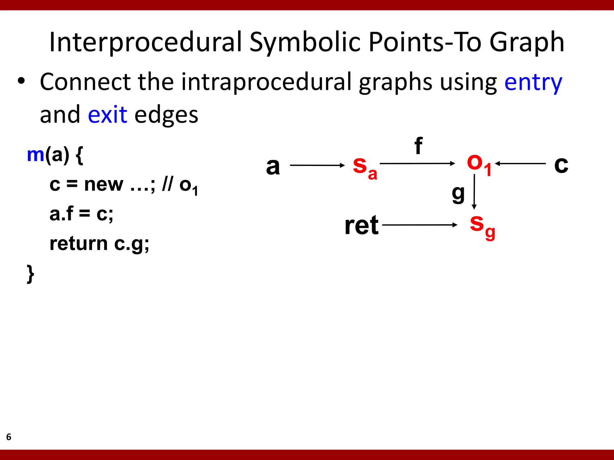 Interprocedural Symbolic Points-To Graph
    • Connect the intraprocedural graphs using entry
      and exit edges
    m(a) {                            f
                         a       sa           o1   c
      c = new …; // o1                    g
      a.f = c;
                                ret           sg
      return c.g;
    }




6
 