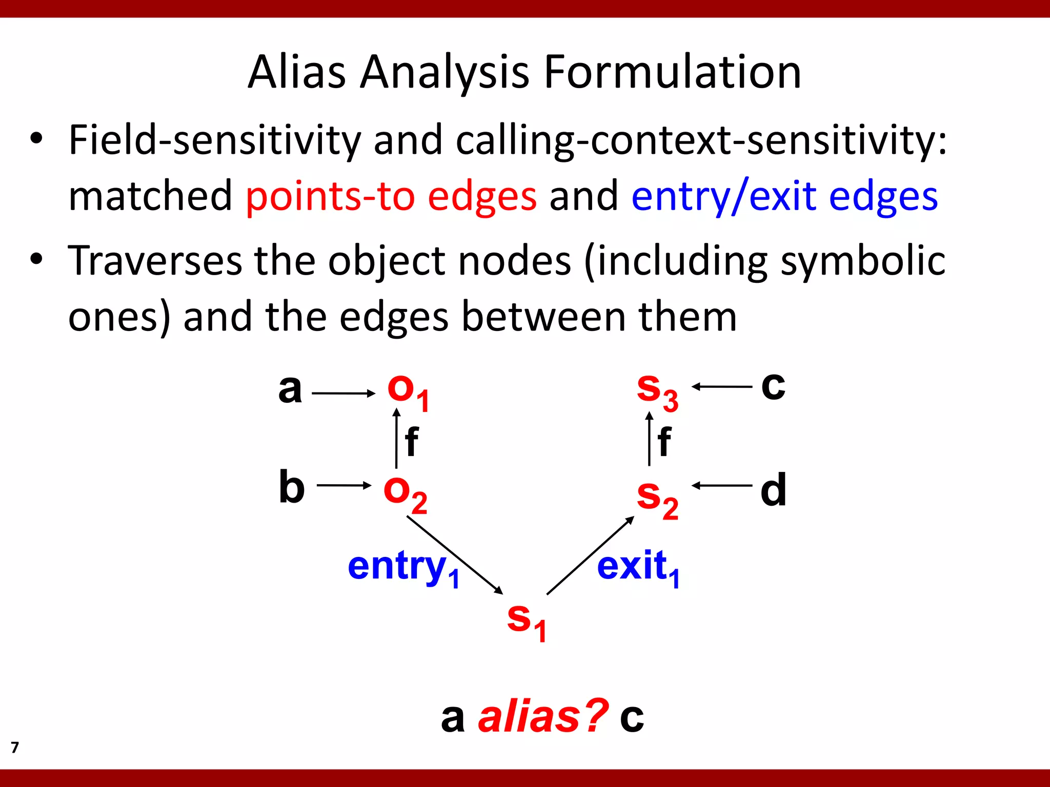 Alias Analysis Formulation
    • Field-sensitivity and calling-context-sensitivity:
      matched points-to edges and entry/exit edges
    • Traverses the object nodes (including symbolic
      ones) and the edges between them
                  a      o1           s3     c
                         f                f
                  b     o2             s2     d
                      entry1         exit1
                                s1

7
                             a alias? c
 